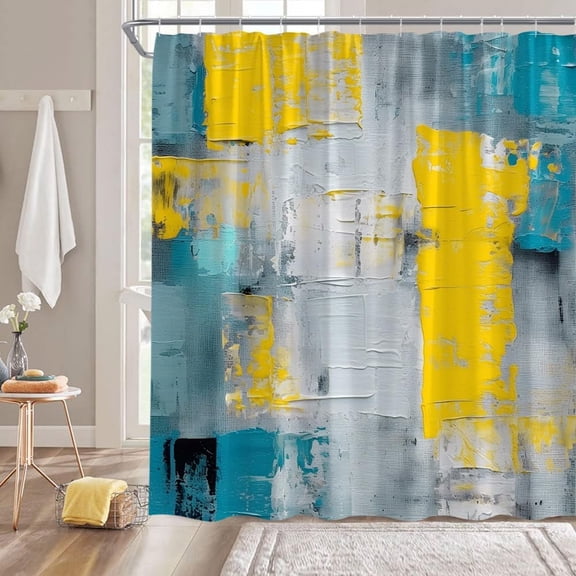 Turquoise Yellow Gray Shower Curtain Teal Blue Yellow Burnt Abstract Brushstrokes Painting Modern Art Fabric Bathroom Curtain Sets with Hooks