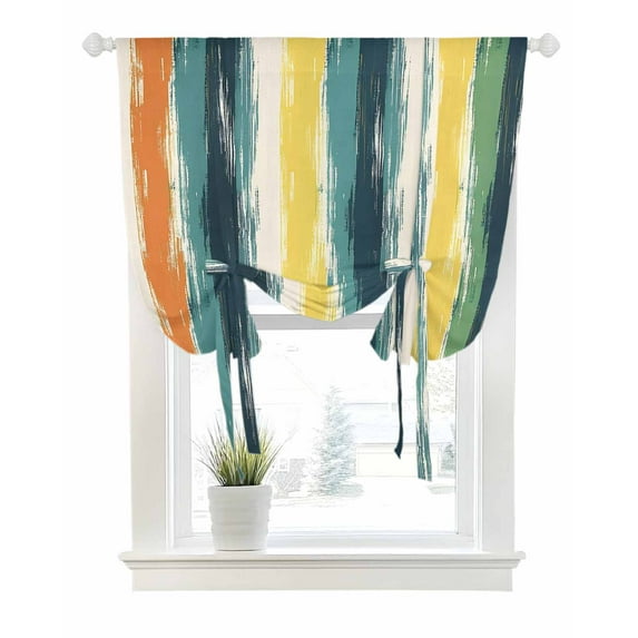 Turquoise Yellow Stripe Tie Up Curtains for Window, Thermal Insulted Balloon Shade Adjustable Rod Pocket Curtains Valance Panels for Kitchen Bathroom Cafe 42 x 63 Abstract Orange Teal Green