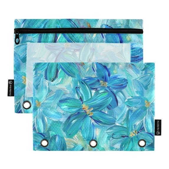 Turquoise and Blue Flowers 2 Pack Pencil Pouch for 3 Ring Binder Smooth Zipper Folders with Pockets Clear Window Pencil Case