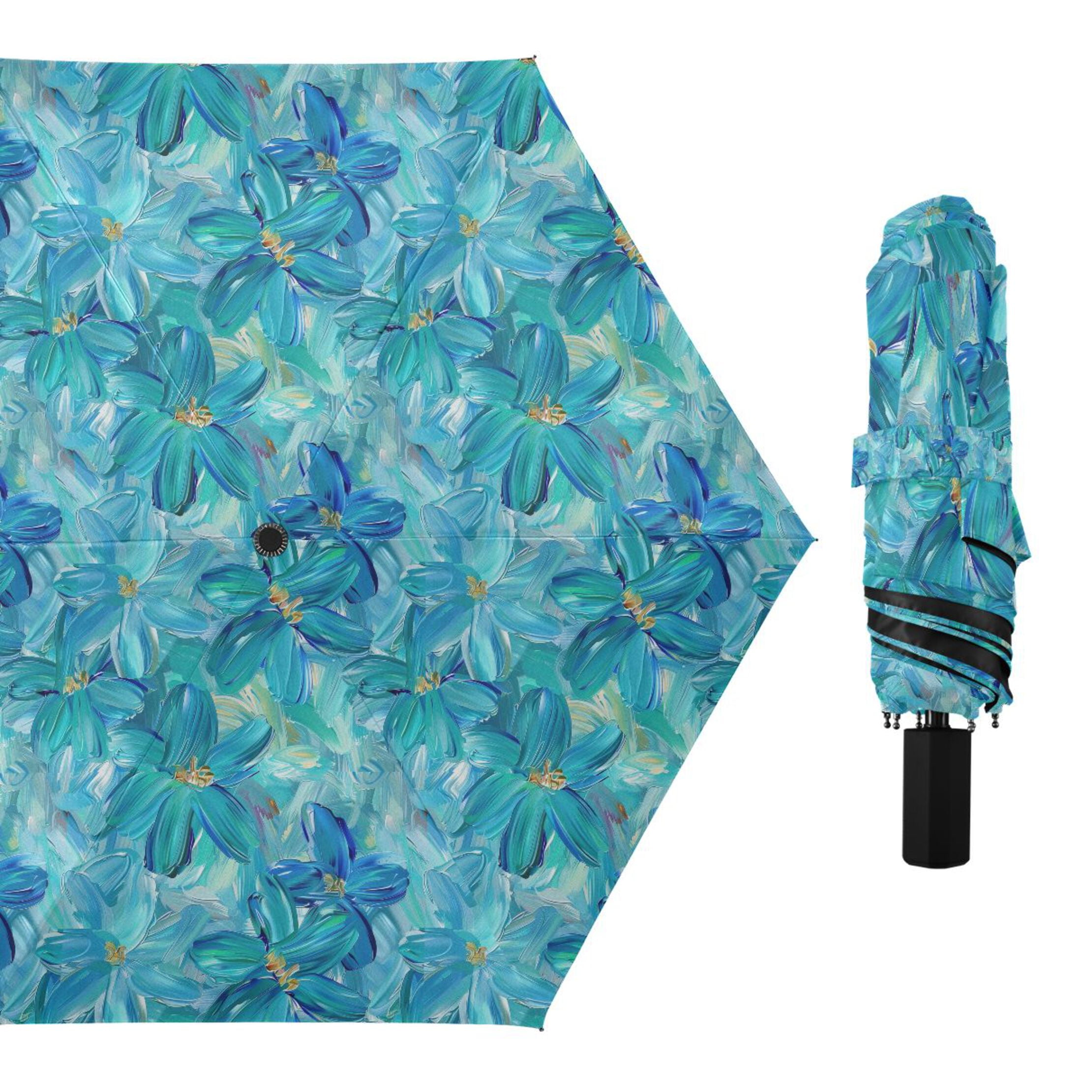 Turquoise and Blue Flowers Compact Sun Umbrella Windproof Travel Umbrellas for Rain Strong Portable UV Protection