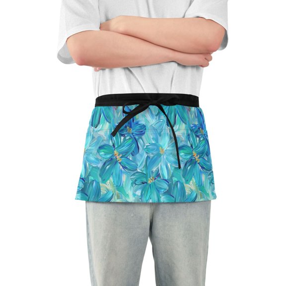 Turquoise and Blue Flowers Server Apron with 3 Pockets Waterproof Waitress Waist Short Apron for Man Woman 12 Inches