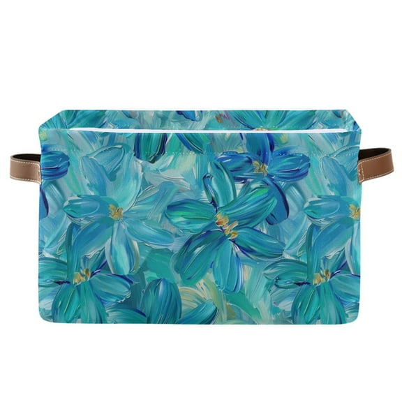 Turquoise and Blue Flowers Storage Bins with Handle Fabric Organizer Basket Foldable Box 1 Pack 14.2x10.2x8.3
