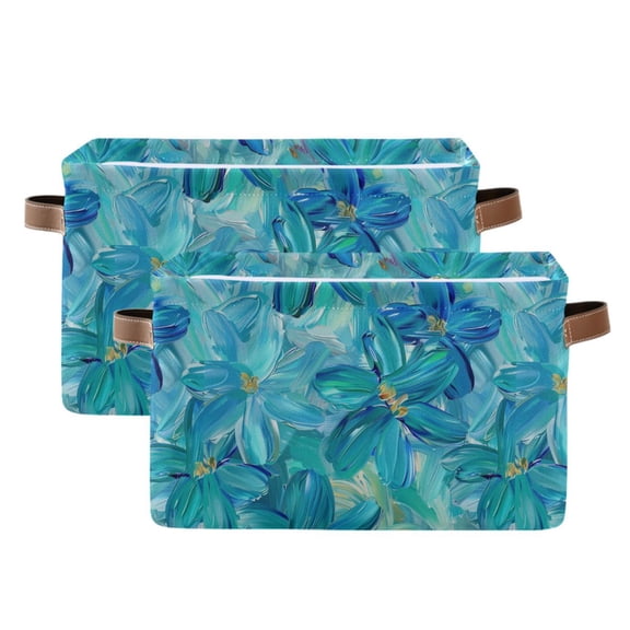 Turquoise and Blue Flowers Storage Bins with Handle Fabric Organizer Basket Foldable Box 2 Pack 14.2x10.2x8.3