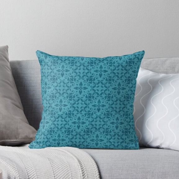 Turquoise and Dark Teal Floral Vine Scroll Square Pillow Case, 100% Polyester Velvet, Two-Sided Print