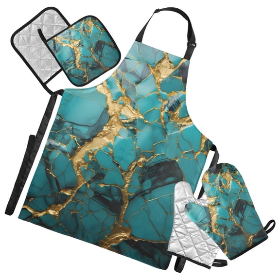 Turquoise and Gold Marble 5 Pcs Kitchen Set Heat Resistant Oven Mitts and Non-Slip Pot Holders with Adjustable Cooking Apron