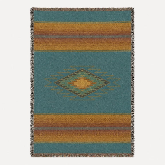 Turquoise and Gold Southwestern Geometric Woven Blanket, 100% Cotton, Rustic Home Decor