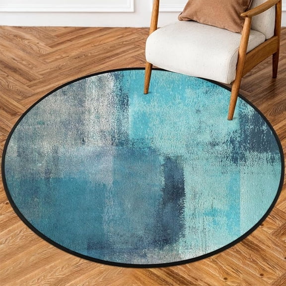 Turquoise and Grey Abstract Art Round Area Rug, Painting Teal Non-Slip Circle Rug for Bedroom Living Room Outdoor Study Playing Floor Mat Carpet