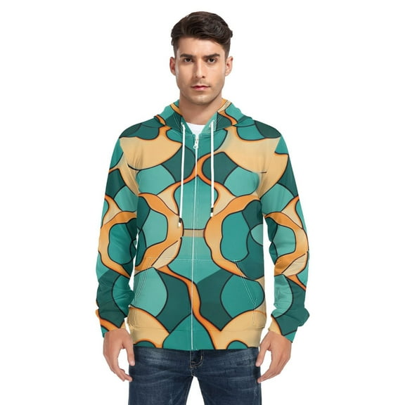 Turquoise and Orange Abstract Art Men’s Hoodies Sweatshirt with Full Zip Pockets Fleece Jackets