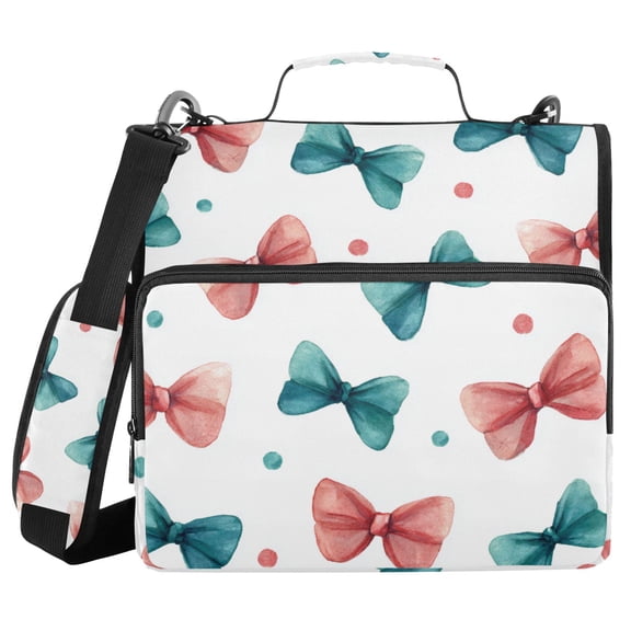 Turquoise and Pink Bows Dots Watercolor Binder Bag with Shoulder Strap 3 Ring Zipper Binder File Folder Document Storage