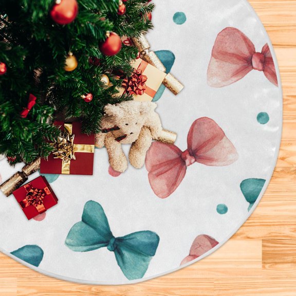 Turquoise and Pink Bows Dots Watercolor Christmas Tree Skirt Opening Design Floor Mat Holiday Decor 35 inch