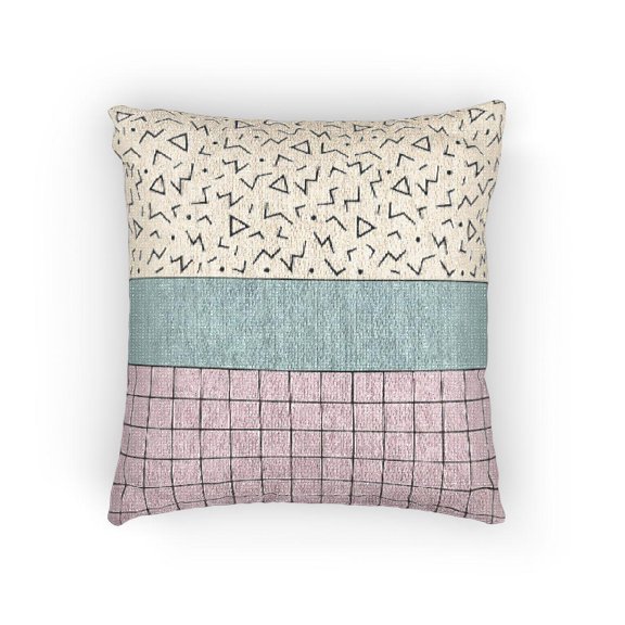 Turquoise and Pink Geometric Grid with Black Squiggles Decorative Woven Pillow, Cotton-Polyester Shell