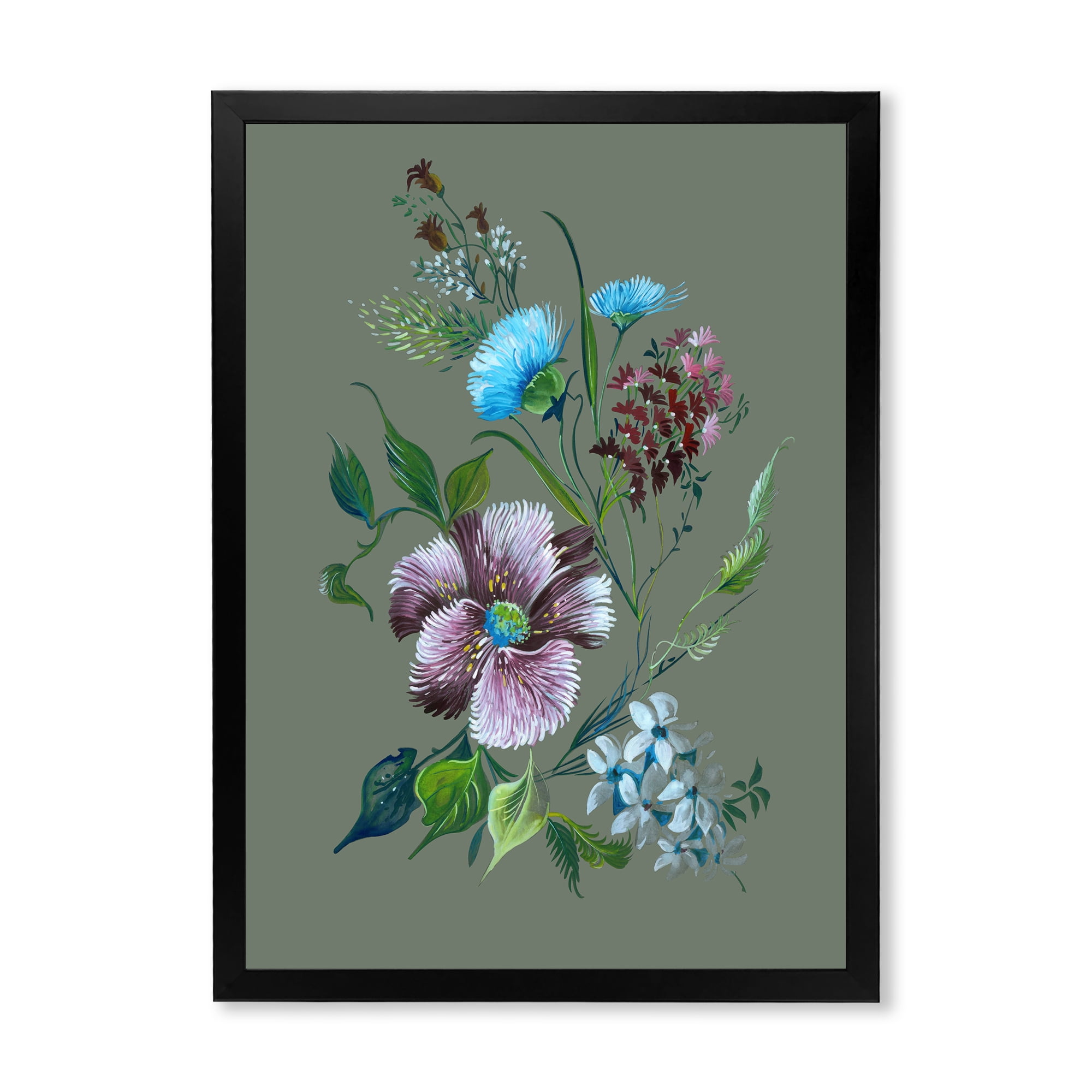 Turquoise and Purple Spring Flowers 12 in x 20 in Framed Painting Canvas Art Print, by Designart