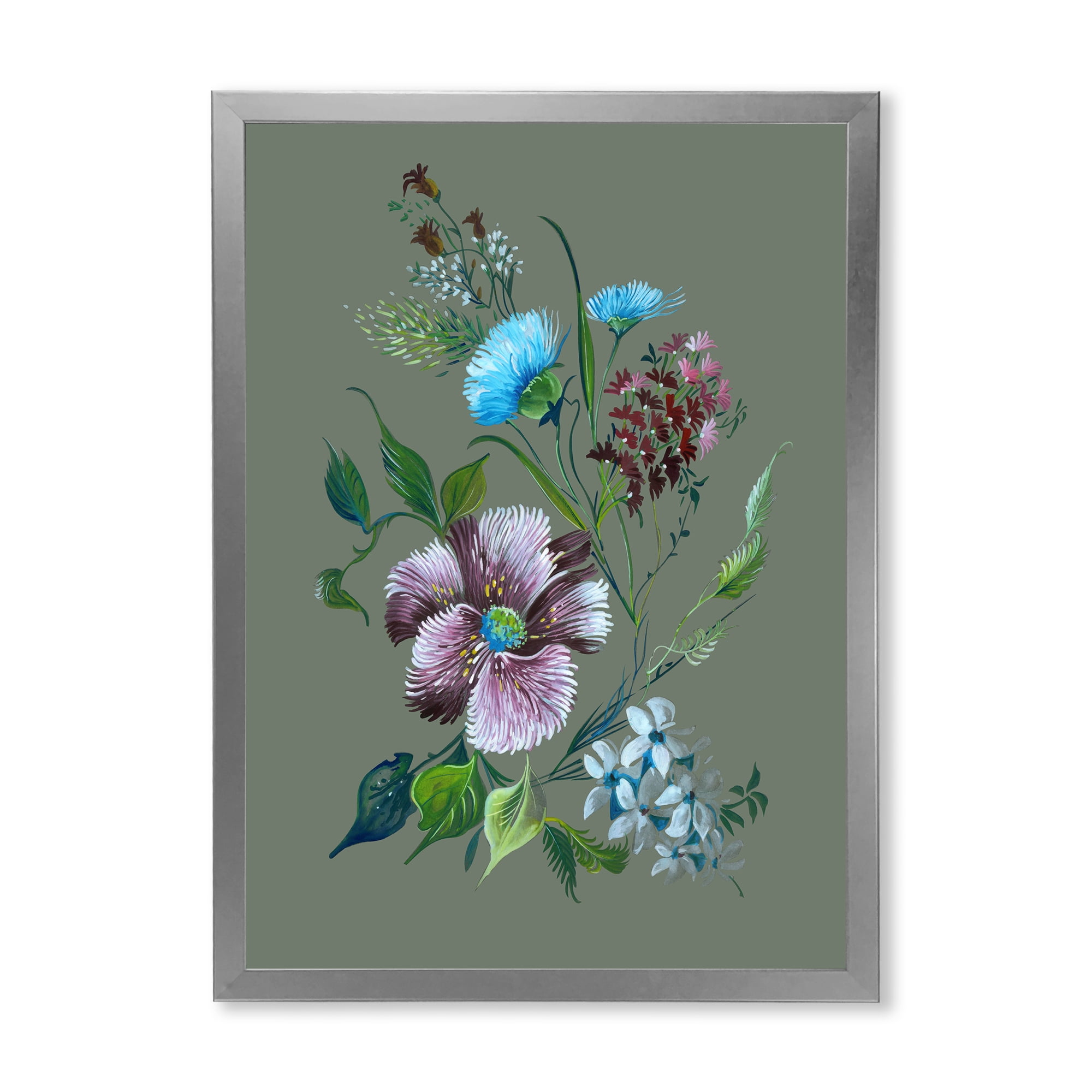 Turquoise and Purple Spring Flowers 16 in x 32 in Framed Painting Canvas Art Print, by Designart