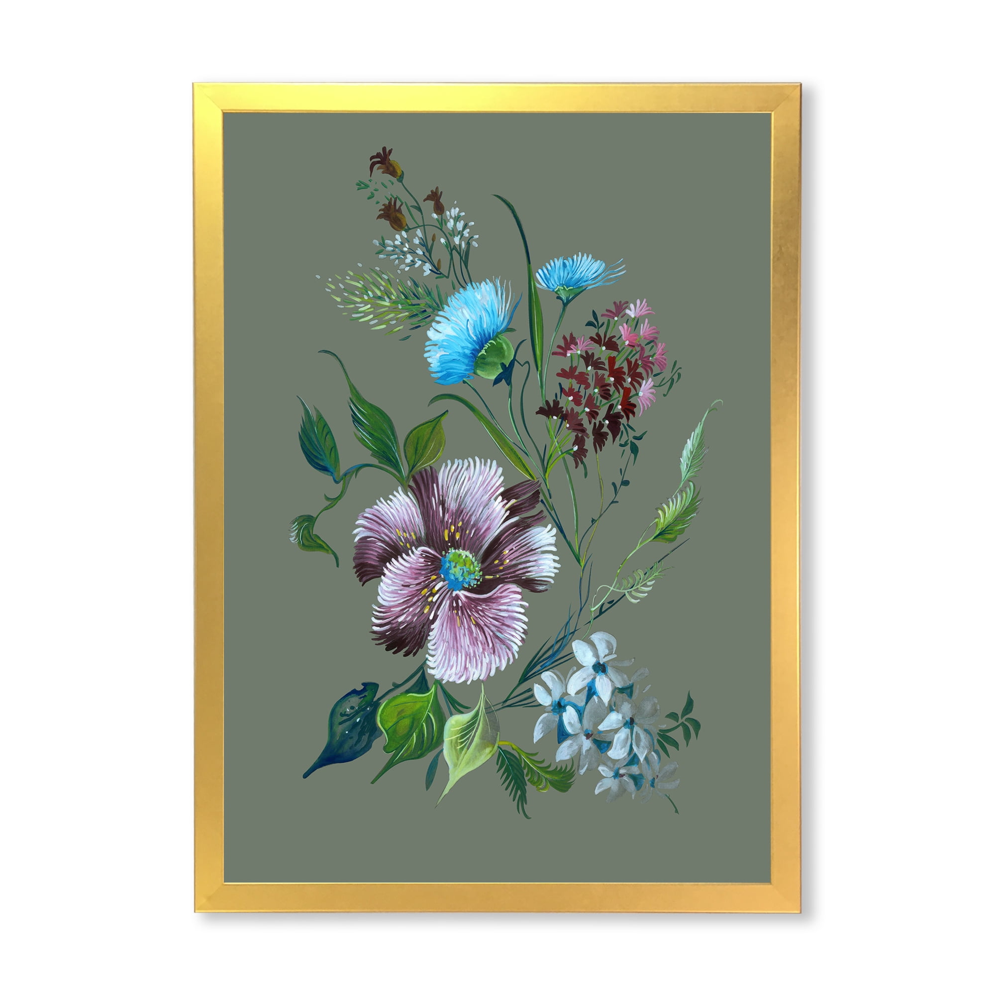 Turquoise and Purple Spring Flowers 24 in x 32 in Framed Painting Canvas Art Print, by Designart
