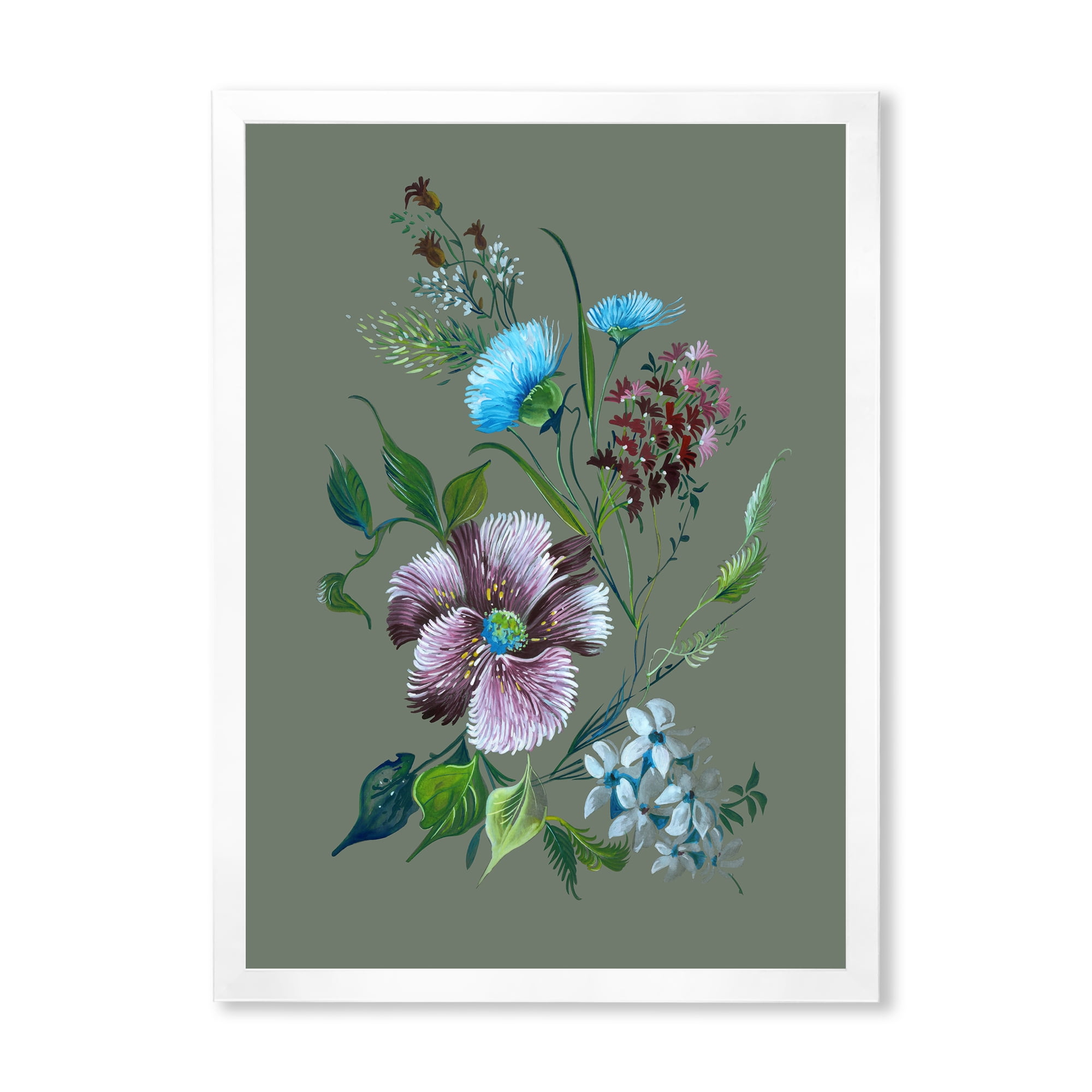 Turquoise and Purple Spring Flowers 24 in x 32 in Framed Painting Canvas Art Print, by Designart