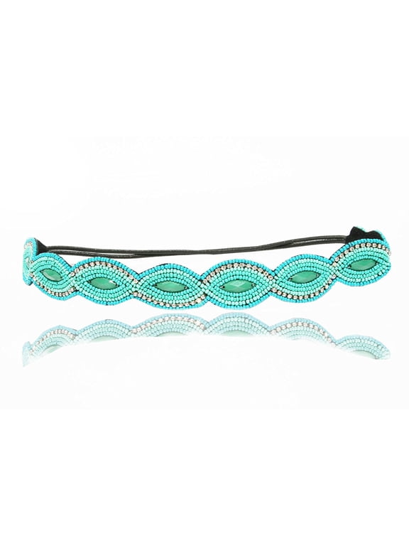 Turquoise and Rhinestone Stone Scallop Beaded Headband Elastic Stretch Headwrap with Style Guide 20 Differnt Ways to Wear by LAC Beauty