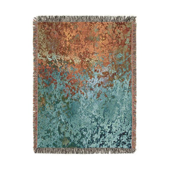 Turquoise and Rust Weathered Texture Woven Throw Blanket, 100% Cotton, Industrial Style for Living Room