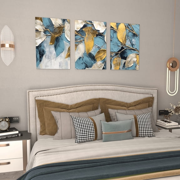 Turquoise and gold leaves on white background floral colorful wall art set of 3 12x16inch each panel canvas stretched on wood frame