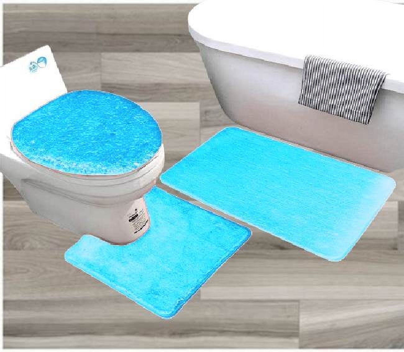Turquoise blue color BS#6 bathroom décor mat rug 3pc Set, shaggy chenille plush large rug, Contour Mat and Toilet Lid Cover Non-Skid Rubber Backing