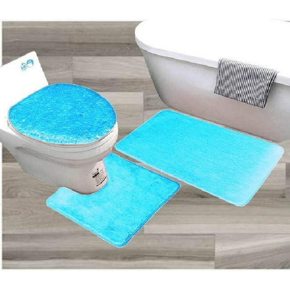 Turquoise blue color BS#6 bathroom décor mat rug 3pc Set, shaggy chenille plush large rug, Contour Mat and Toilet Lid Cover Non-Skid Rubber Backing