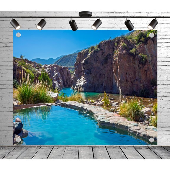 Turquoise pool canyon mountain backdrop | Polyester fabric banner curtain, suitable for themed parties, outings, picnics, celebrations, and studio props