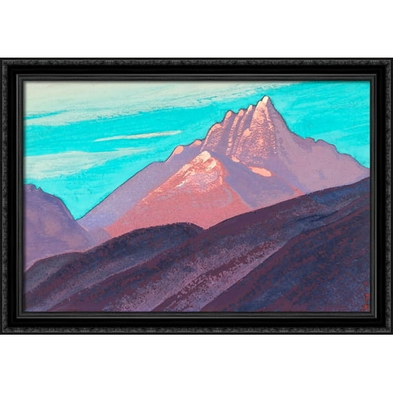 Turquoise sky, pink mountains, purple foot 40x28 Large Black Ornate Wood Framed Canvas Art by Nicholas Roerich