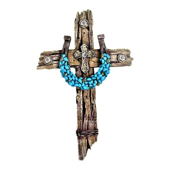 Rustic Drifted Wood Look Wall Cross with Turquoise Decor Horseshoe Spiritual Wall Art