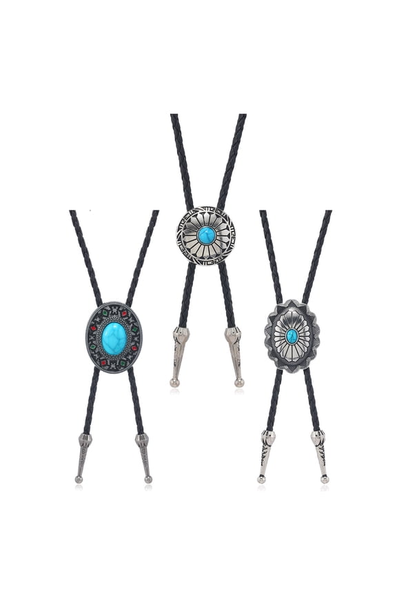 Turquoises Boloties for Adult Unisex Vintage PU Leather Necktie Rope Necklace Jewelry Rodeos Tie for Formal Occasion 3PCS