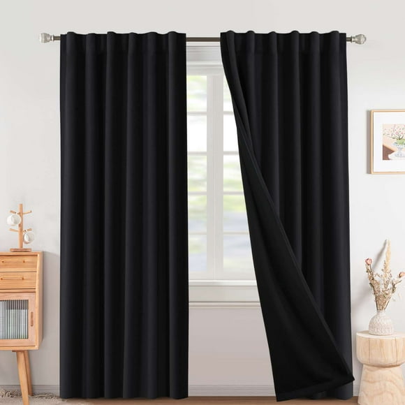 Turquoize 100% Blackout 84 Inch Long Curtains Back Tab/Rod Pocket Window Drapes,Black,2 Panels