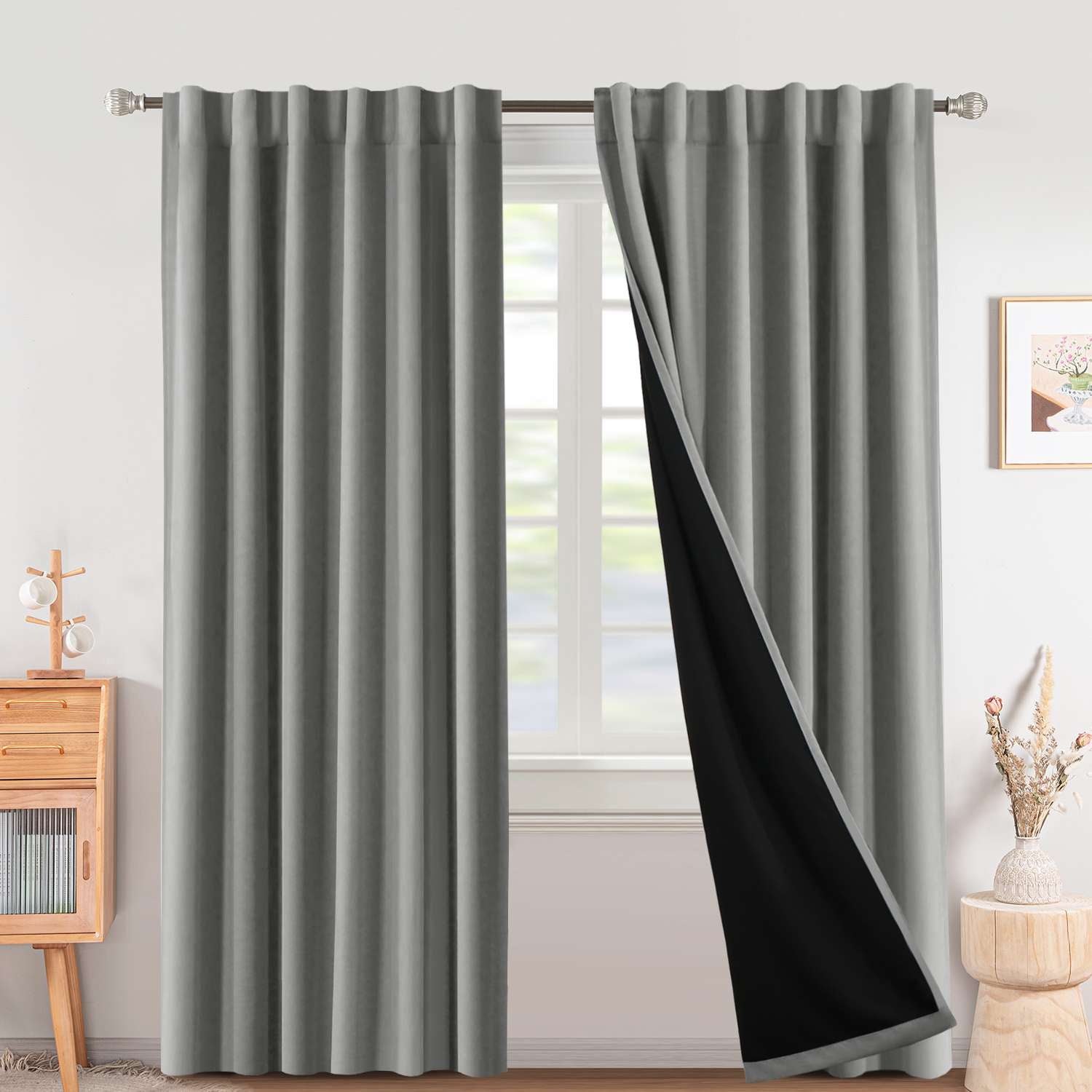 Turquoize 100% Blackout 84 Inch Long Curtains Back Tab/Rod Pocket Window Drapes,Grey,2 Panels