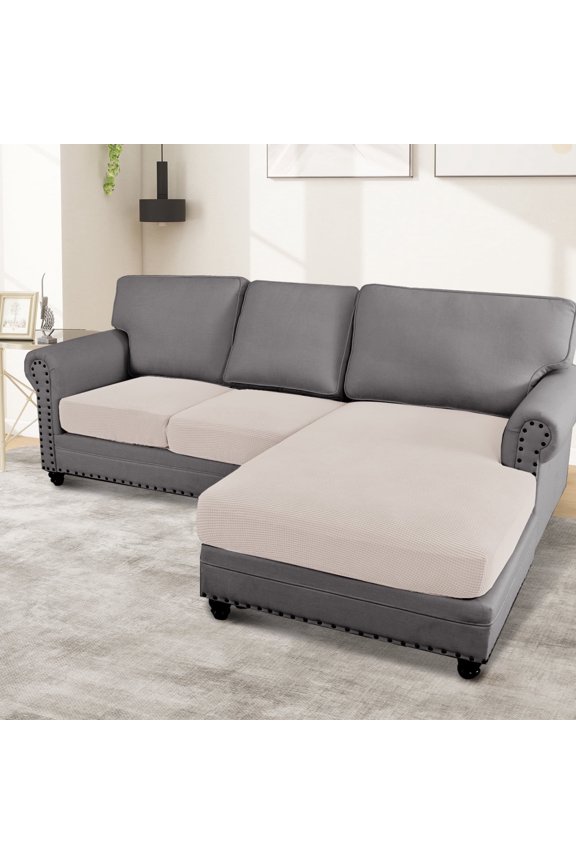 3-Piece Separate Slipcovers Textured Grid Polyester Blend Sectional Couch Sofa Covers for Left/Right L Shape Chaise Lounge Sofa, Ivory 2 Seater + 1 Chaise