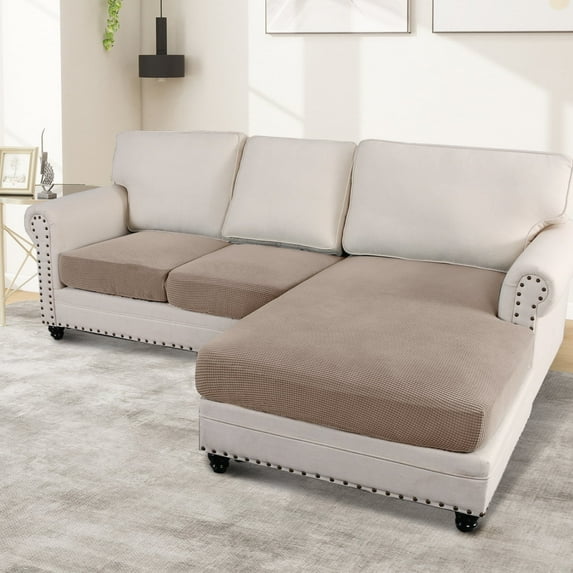 Turquoize 3-Piece Separate Slipcovers Textured Grid Stretch Non-Slip L Shape Sofa Seat Covers for Both Left/Right Sectional Couch (Seat Only: 1 Chaise + 2 Sofa,Sand)