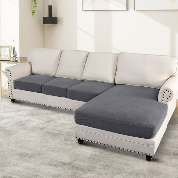 Turquoize 4-Piece Separate Slipcovers Textured Grid Polyester Blend Sectional Couch Sofa Covers for Left/Right L Shape Chaise Lounge Sofa,Grey 3 Seater + 1 Chaise