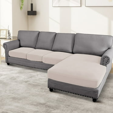 Turquoize 4-Piece Separate Slipcovers Textured Grid Stretch Non-Slip L Shape Sectional Couch (Seat Only: 1 Chaise 3 Sofa,Ivory）