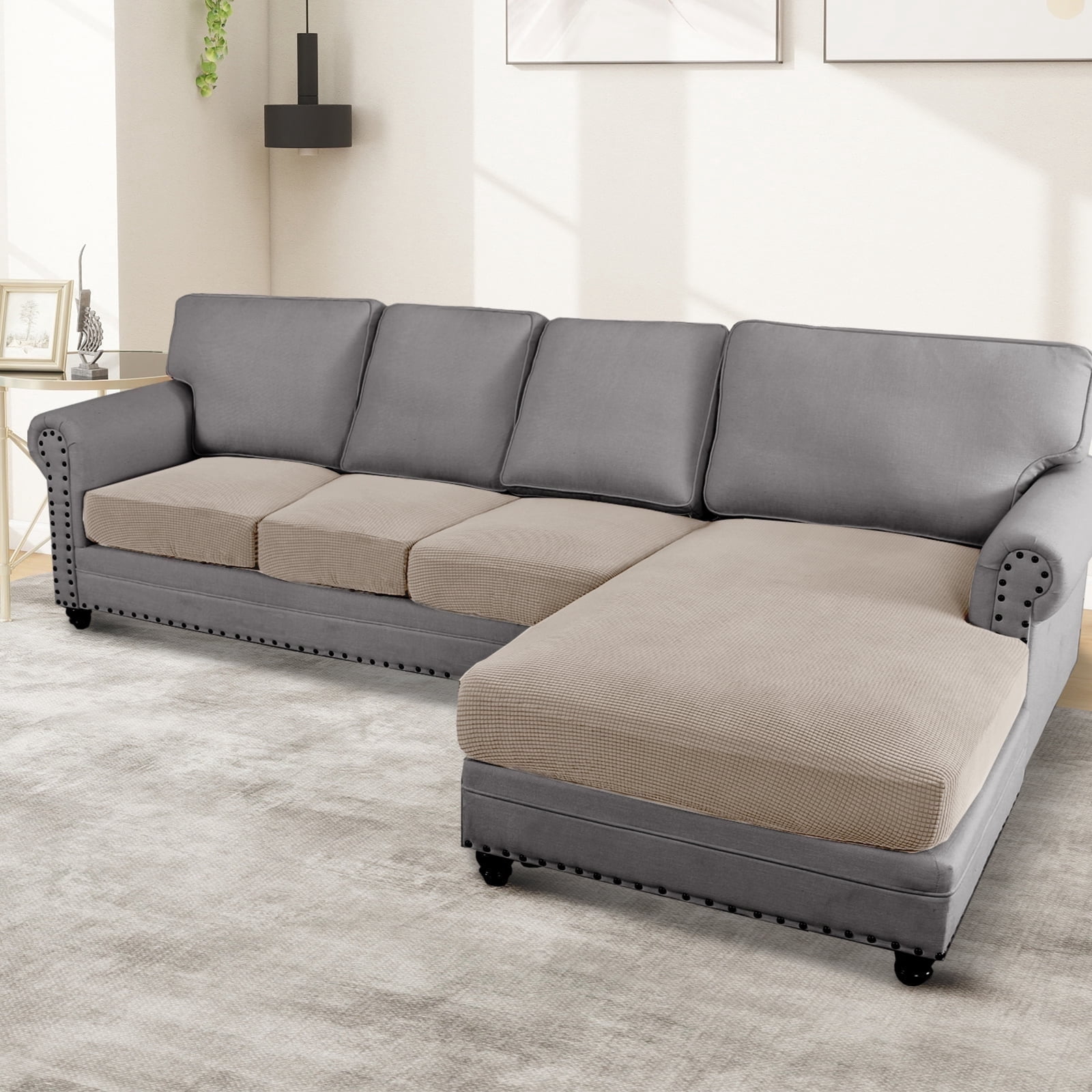 Turquoize 4-Piece Separate Slipcovers Textured Grid Polyester Blend Sectional Couch Sofa Covers for Left/Right L Shape Chaise Lounge Sofa,Island Fossi 3 Seater + 1 Chaise