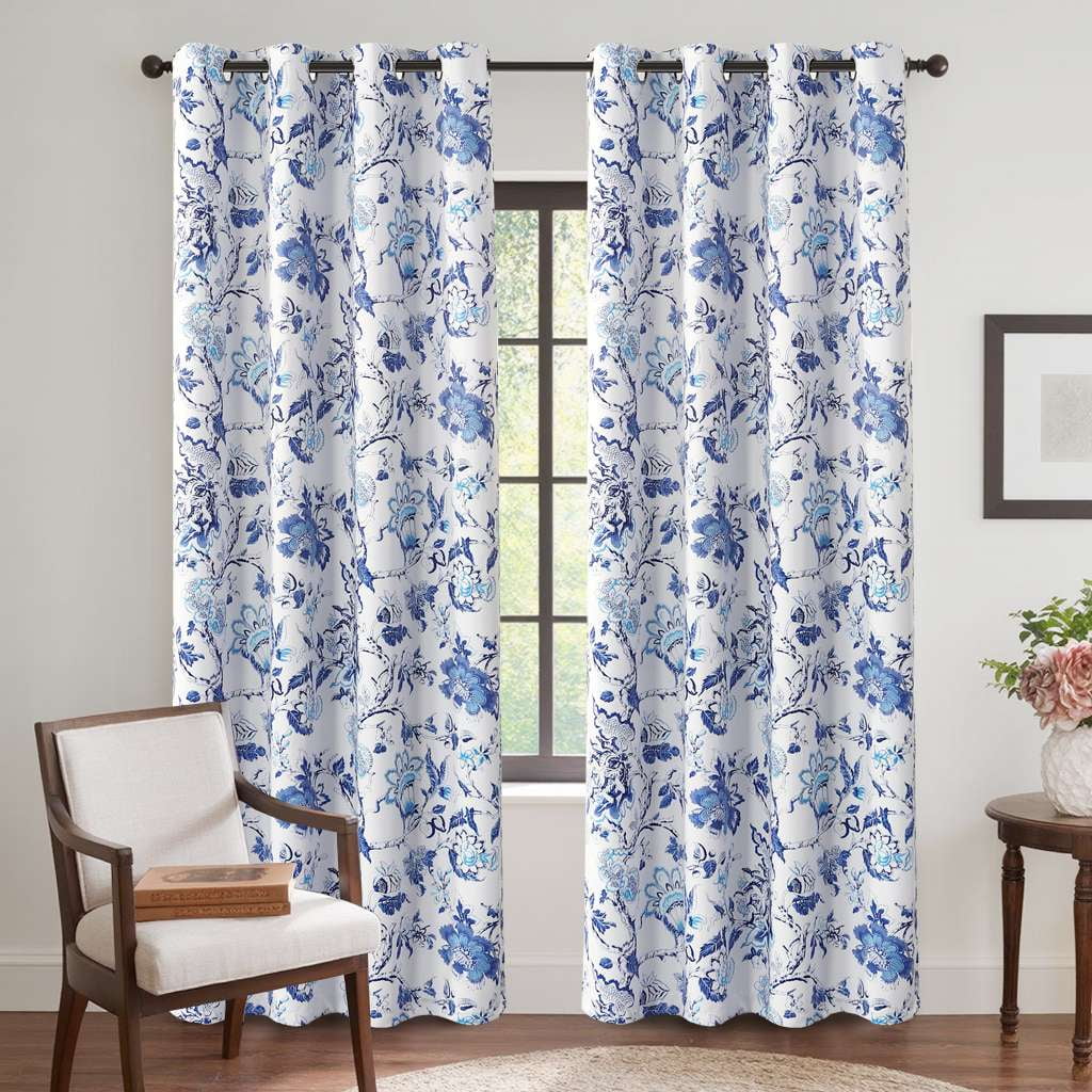Turquoize Blackout Curtains 2 Panels Set Floral Print Drapes for Bedroom Thermal Insulated Grommet Window Curtain for Living Room(52"x 96",Blue White Floral)