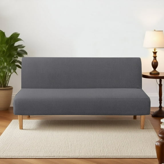Turquoize Checks Jacquard Fabric Armless Futon Cover Stretch Sofa Bed Slipcover Protector with Elastic Bottom, Gray