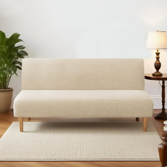 Turquoize Stretch Elastic Bottom Checks Jacquard Fabric Armless Futon Slipcover Sofa Bed Protector , Natural