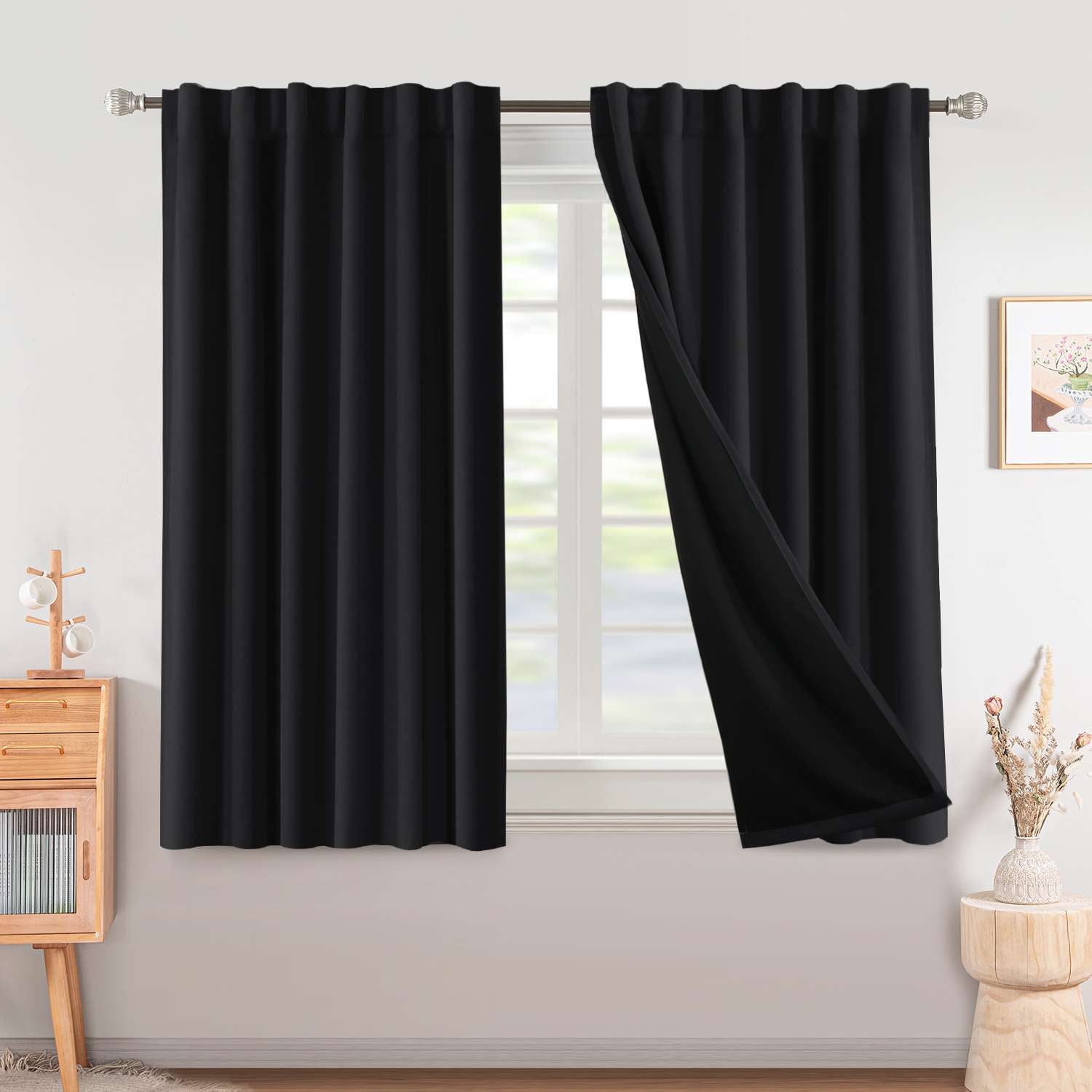 Turquoize Classic 100% Blackout Back Tab Curtain Sets, Black Solid Print, 52 x 63 Inches, 2 Panels