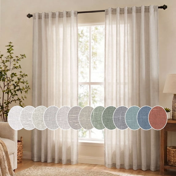 Turquoize Farmhouse Natural Linen Semi Sheer Light Privacy Window Curtains, Back Tab Loop Pocket 2 Panels for Bedroom & Living Room,52" x 96",Angora