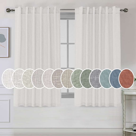 Turquoize Farmhouse Natural Linen Semi Sheer Light Privacy Window Curtains, Back Tab Loop Pocket 2 Panels for Bedroom & Living Room,52" x 72",Heathered White