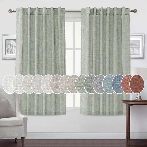 Turquoize Farmhouse Natural Linen Semi Sheer Light Privacy Window Curtains, Back Tab Loop Pocket 2 Panels for Bedroom & Living Room,52" x 72",Sea Grass