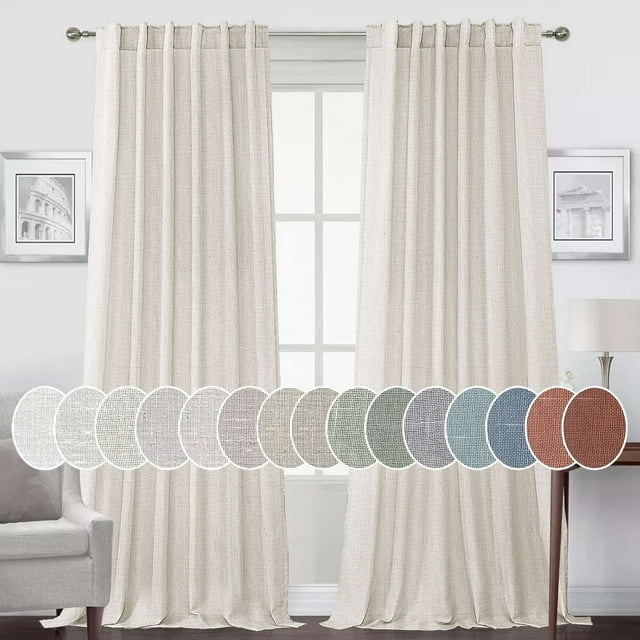Turquoize Classic Natural Linen Light Filtering Semi Sheer Curtains Back Tab 2 Panels for Bedroom，52" x 84"，Natural