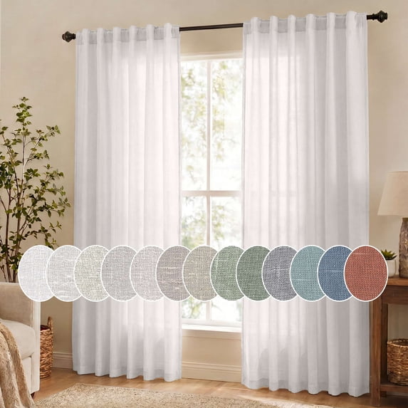 Turquoize Farmhouse Natural Linen Semi Sheer Light Privacy Window Curtains, Back Tab Loop Pocket 2 Panels for Bedroom & Living Room,52" x 84",Heathered White