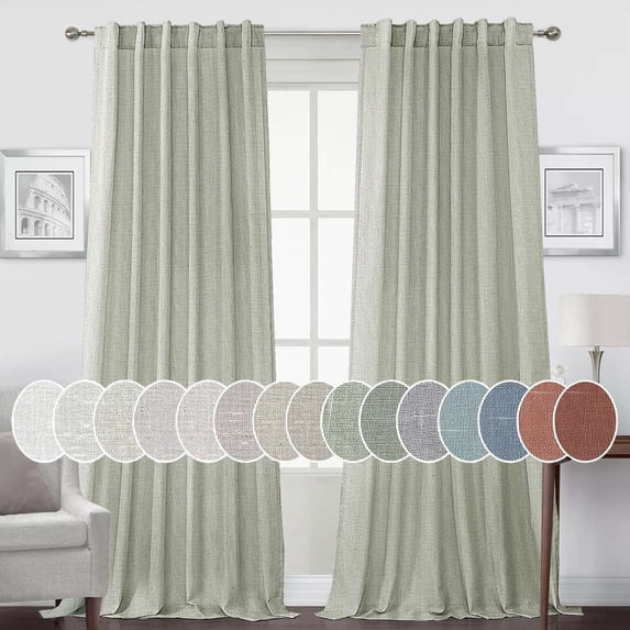 Turquoize Natural Linen 96"L x 52"W inches Long Light Filtering Semi Sheer Curtains Back Tab Loop Pocket 2 Panel Draps, Sage