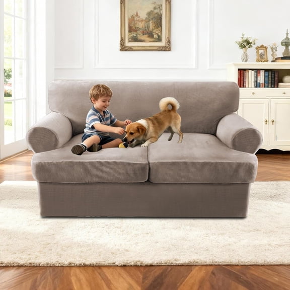 Turquoize Sofa Cover 3 Piece T Cushion Loveseat Covers for 2 Cushion Couch Thick Velvet Couch Cover Stretch Furniture Covers with 2 Individual T Cushion Covers, Washable (2 Cushion Loveseat, Taupe)