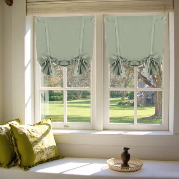 Turquoize Tie-Up Blackout Kitchen Curtains, Thermal Insulated Rod Pocket Window Shades, Light Sage, 42 x 63 in, 2 Panels