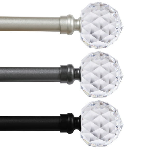 Turquoize Standard Single Rod Curtain Rod Set for Windows 28 to 48 inch, 3/4 inch Diameter with Acrylic Faceted Finials, Black