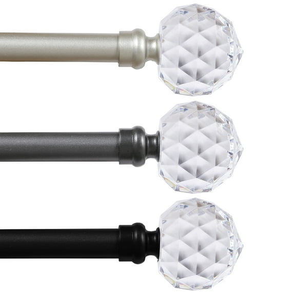 Turquoize Standard Single Rod Curtain Rod Set for Windows 48 to 84 inch, 3/4 inch Diameter with Acrylic Faceted Finials, Nickel