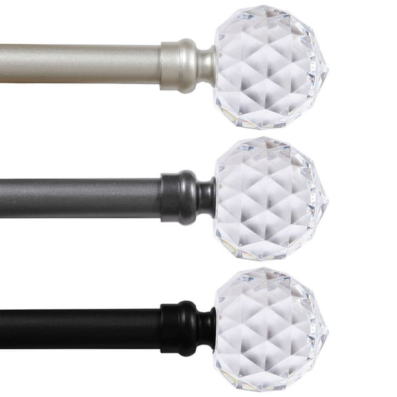 Turquoize Standard Single Rod Curtain Rod Set for Windows 48 to 84 inch, 3/4 inch Diameter with Acrylic Faceted Finials, Pewter